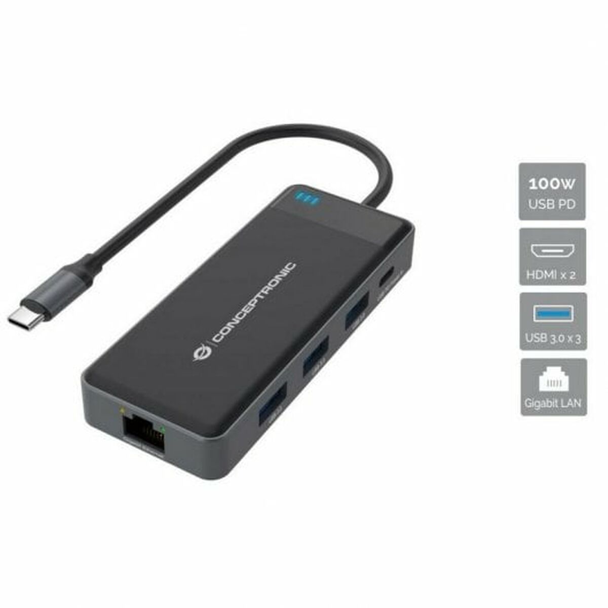 7 Conceptronic портына арналған USB-C-хаб 110518107101 Қара сұр 100 W (1 дана)-2
