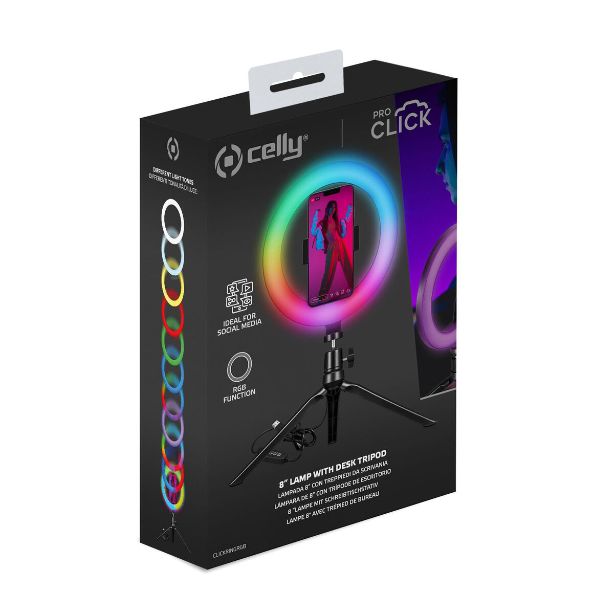 Световое кольцо для селфи со штативом и пультом Celly CLICKRINGRGBBK-2