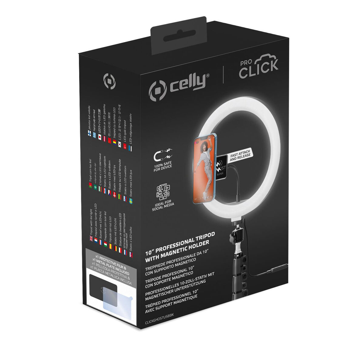 Световое кольцо для селфи со штативом и пультом Celly CLICKGHOSTUSBBK-2