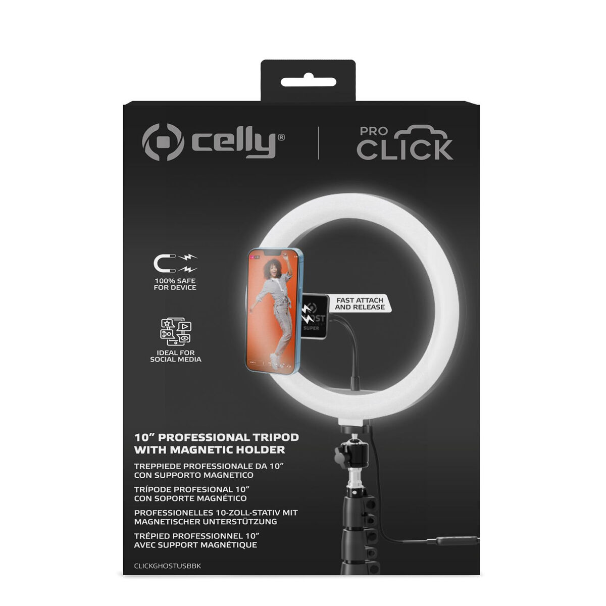 Световое кольцо для селфи со штативом и пультом Celly CLICKGHOSTUSBBK-3