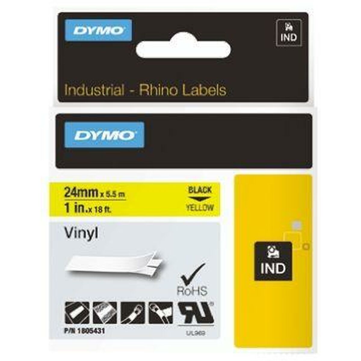 Ламинированная лента для фломастеров Rhino Dymo ID1-24 24 x 5,5 mm Чёрный Жёлтый Винил Самоклеящиеся (5 штук)-2