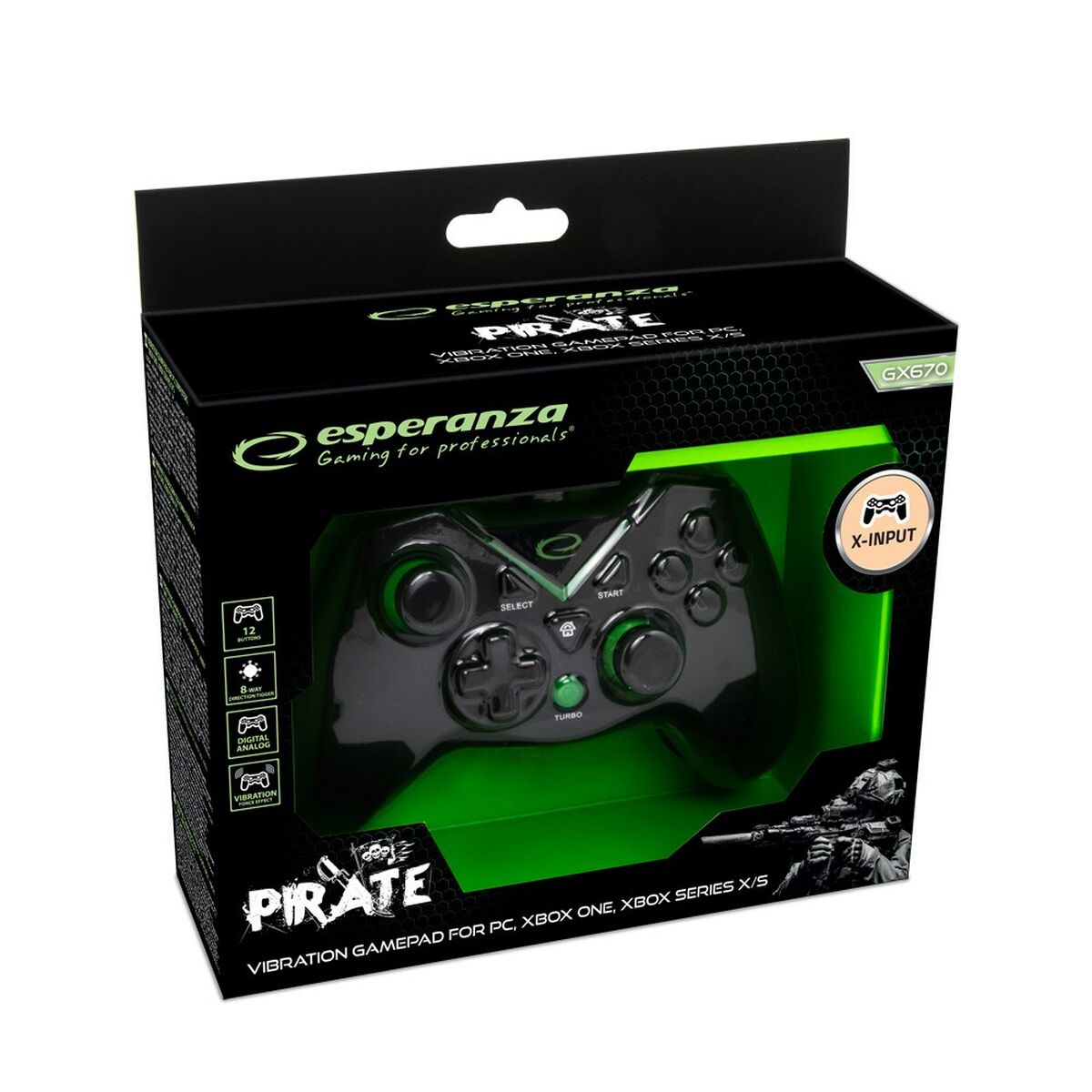 Игровой пульт Esperanza Pirate EGG114K USB 2.0 Чёрный Зеленый Microsoft Xbox One PC Xbox Series X Xbox Series S-3