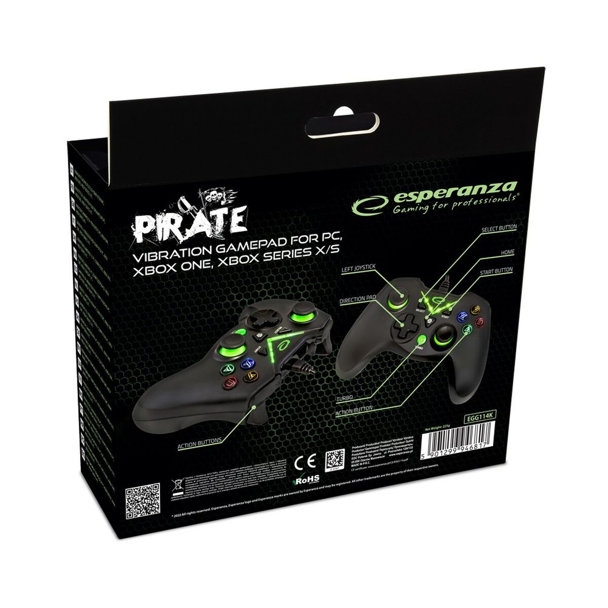 Игровой пульт Esperanza Pirate EGG114K USB 2.0 Чёрный Зеленый Microsoft Xbox One PC Xbox Series X Xbox Series S-4