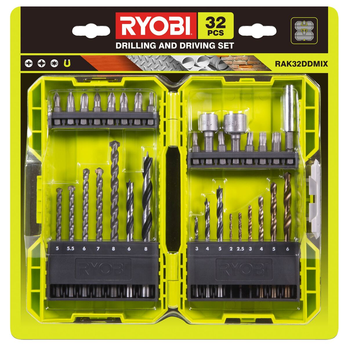 Drill bits and tits set Ryobi RAK32DDMIX 32 Items Hex PZ pH-2