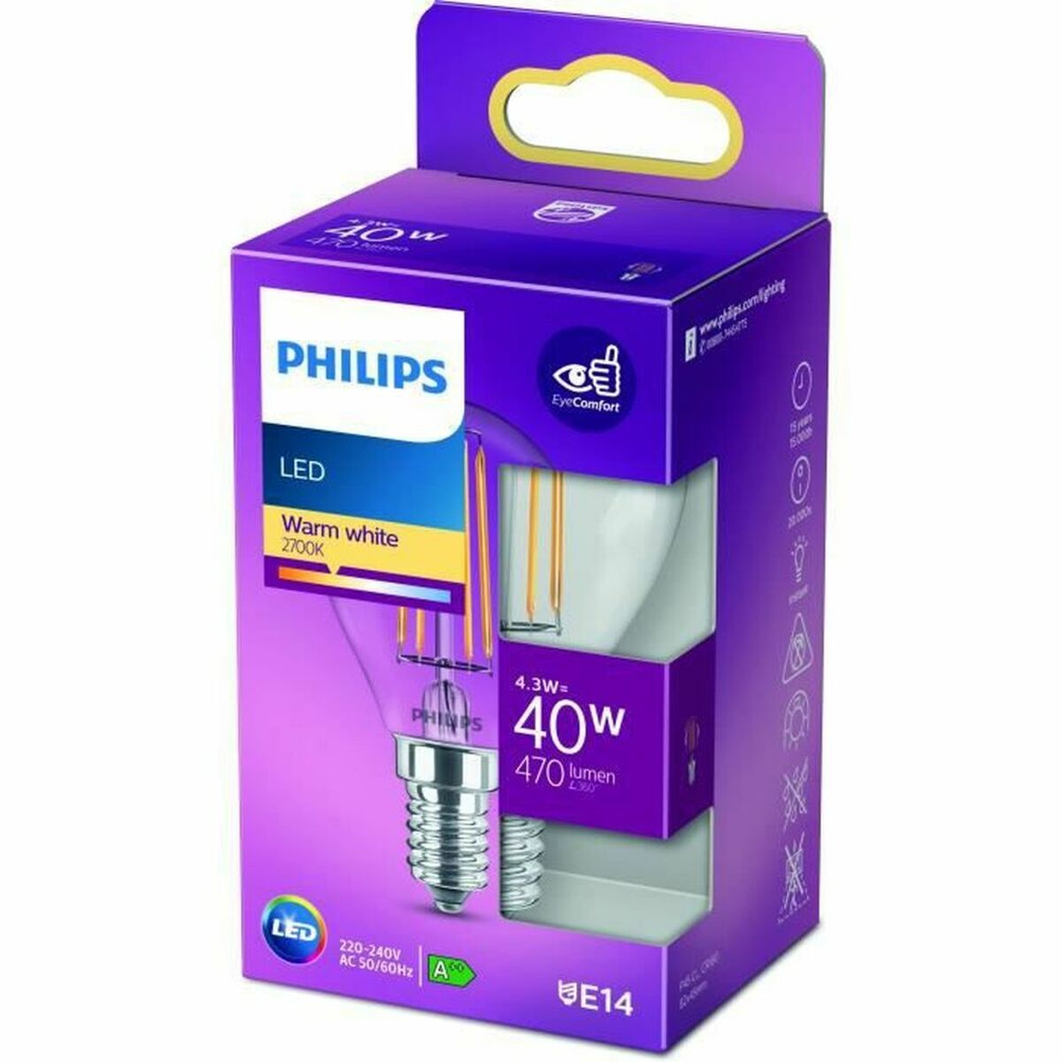 Сферическая светодиодная лампочка Philips Classic 40 W E14 F 4,3 W (2700k)-2