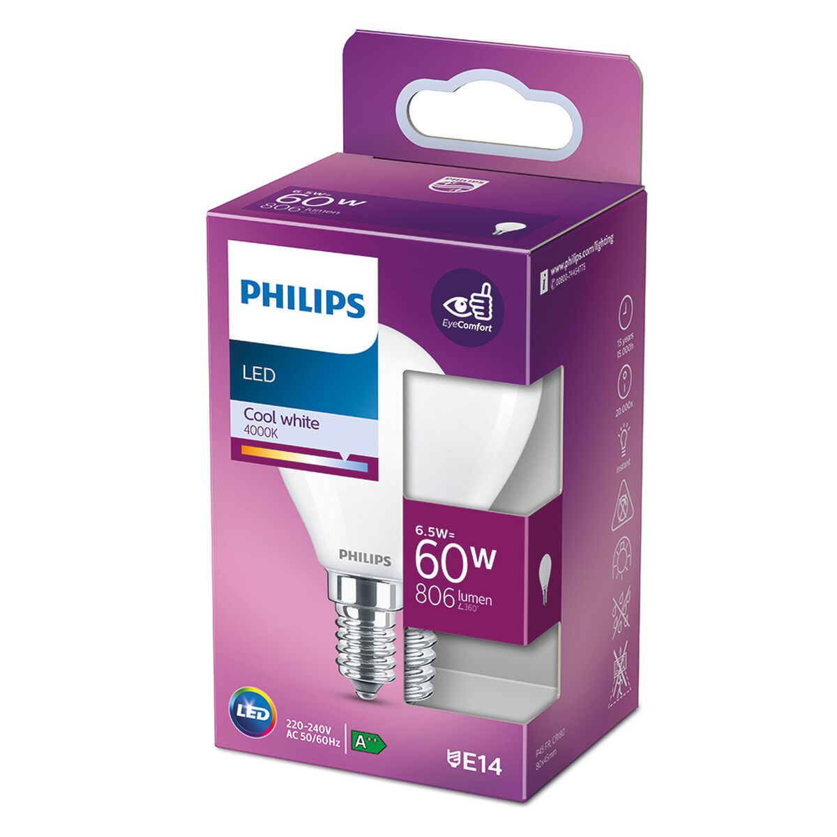Светодиодная лампочка Philips E 6.5 W 6,5 W 60 W E14 806 lm Ø 4,5 x 8 cm (4000 K)-3